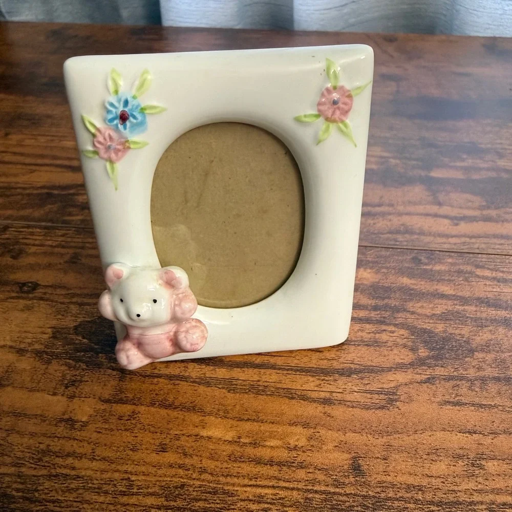 Vintage Ceramic Teddy Bear Floral Picture Frame Pastel Nursery Decor 4x3.25